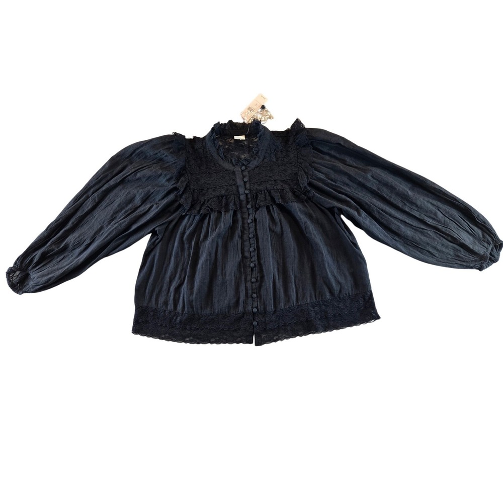 Akemi + Kin Blouse Womens 6 Black Lace Ruffle Balloon Sleeve Anthropologie NEW